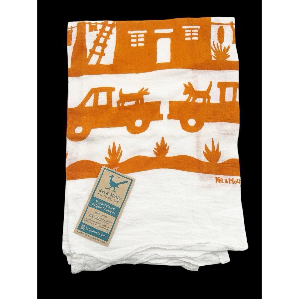 Kei & Molly Flour Sack Dish Towel Orange Adobe House New Mexico Dogs Trucks New